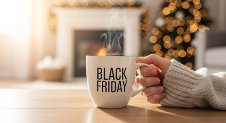 Cozy Black Friday concept. Hand holds mug with steaming drink by fireplace and Christmas tree. Ideal for holiday sales, promotions, home decor advertising.