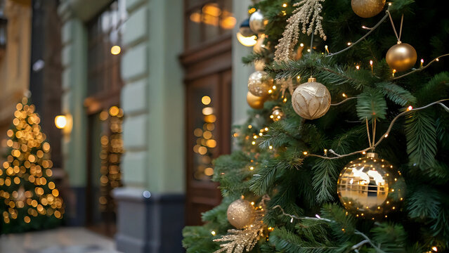 Closeup of glittering golden baubles hanging on decorated christmas fir tree branch ornament at city street storefront - Christmas decoration, festive holiday celebration, background