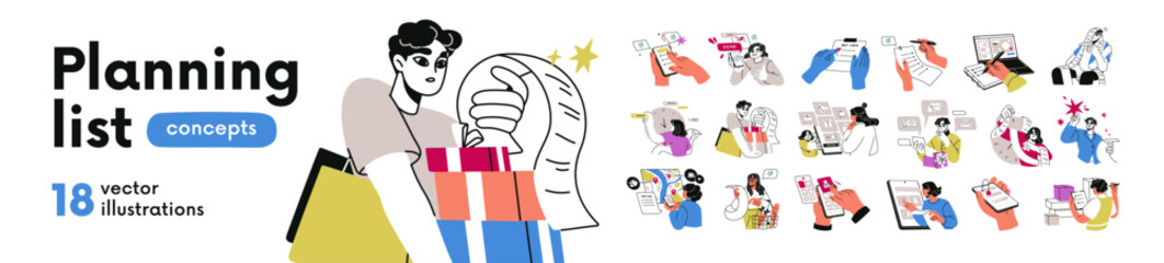 Planning, time management, task organization concept set. People use to-do, wish list, reminders, travel checklists, shopping notes, scheduling. Flat vector illustrations isolated on white background © Good Studio