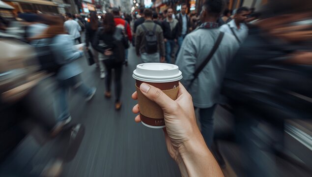 Showing right hand holding to-go coffee cup on city street, with plastic lid and corrugated sleeve