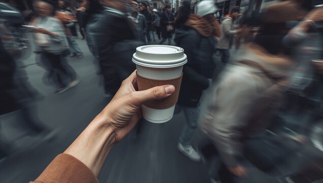 Holding disposable paper coffee cup reaching into busy city street, with blurred winter pedestrians