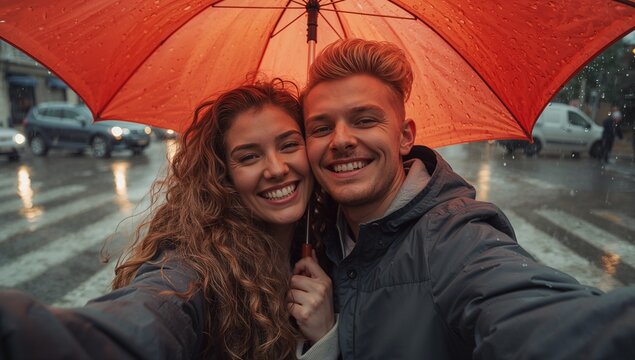 Snapping selfie couple holding orange umbrella on wet crosswalk, showing moving traffic reflections - Powered by Adobe