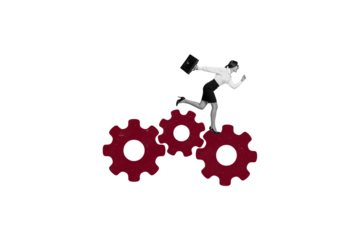 Composite trend artwork 3D sketch image photo collage of cogwheel gear office manager young woman run moving motivation organization job