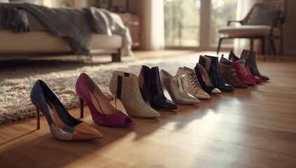 Displaying row of women's shoes lining wooden bedroom floor, featuring bed shag rug and armchair