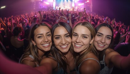 Snapping four female friends taking group selfie at concert venue, with smartphone, colorful lights