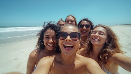 Group of six women taking selfie in swimwear on sandy beach, with smartphone and sunglasses