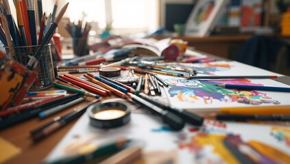Showcasing wooden tabletop with art tools in sunlit studio with pencils, paintbrushes, sketchbook