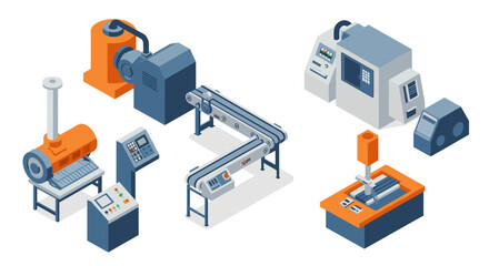 Modern industrial machinery in isometric style for manufacturing and production