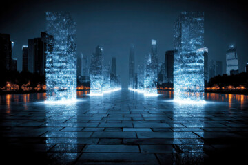 Futuristic cyber city rendered with glowing blue data pillars. Concept of artificial intelligence shaping future infrastructure.