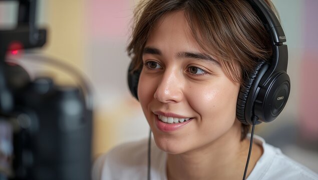 Smiling streamer wearing black over-ear headphones and white tee in studio, with blurred camera rig - Powered by Adobe