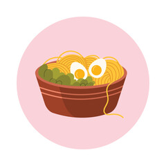 Isolated Vietnamese noodle bowl with eggs and vegetables in a round icon style vector illustration