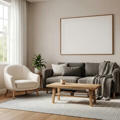 Cozy Living Room Interior with Blank Canvas and Natural Light.