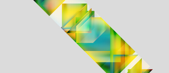 Abstract geometric composition. Overlapping translucent shapes create vibrant color gradients, diagonal arrangement, light background.