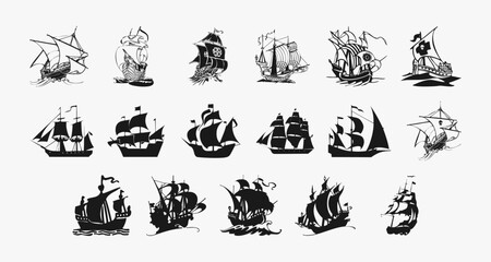 Set of Pirate Ships - Silhouette of a Pirate Ship, Pirate boats and Old different Wooden Ships with Fluttering Flags - 1 eps