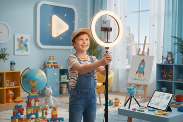 Young caucasian boy in creative studio recording video with smartphone and ring light.