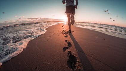 Sprinting runner wearing sportswear on beach at sunset, leaving footprints by waves and seagulls