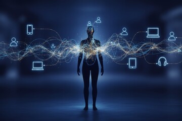 Female silhouette with digital connections and technology icons in futuristic setting.