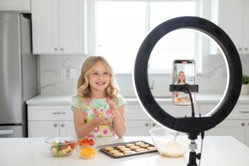 Young caucasian girl cooking in kitchen with smartphone and ring light for video.