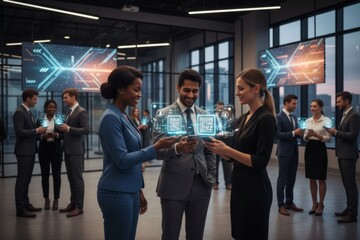 Diverse business team discussing digital technology in modern office.