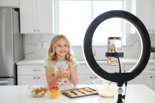 Young caucasian girl cooking in kitchen with smartphone and ring light for video.