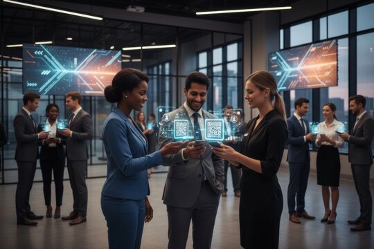 Diverse business team discussing digital technology in modern office.