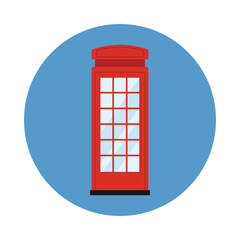 Obraz premium Iconic British red telephone box isolated on blue circle background for UK themed design vector illustration
