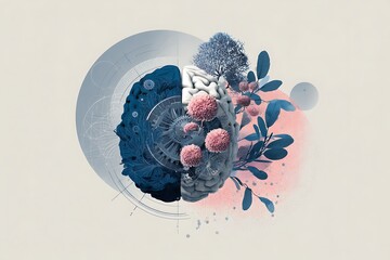 minimalist conceptual poster, half of brain mechanical cosmic, half organic floral, harmony between reason and feeling, centered composition, gradient white-blue background, 