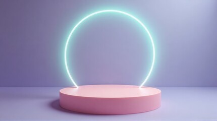 Neon Light Arc on Pink Platform Modern Minimalist Decor