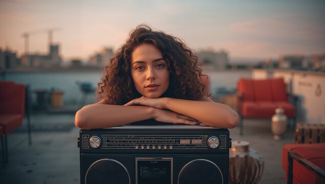 Woman wearing sleeveless top leaning on vintage boombox on rooftop at dusk, with red lounge chairs - Powered by Adobe