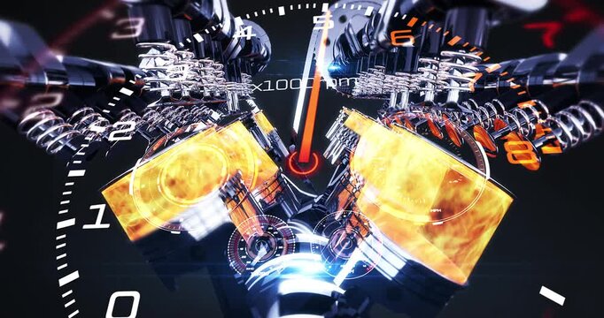 Fiery 3D Gauge to V8 Car Engine, Shows Control Wheel With Start Button. Car Engine Related 3D Animation.
