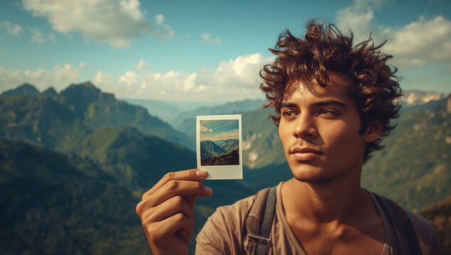 Male hiker holding instant print and viewing peaks in mountain overlook with backpack, copy space - Powered by Adobe