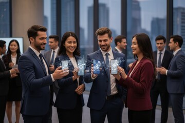 Diverse business professionals in office engaging with futuristic technology.