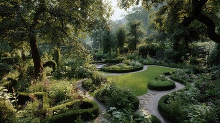 Tranquil garden landscape with winding pathways and lush greenery