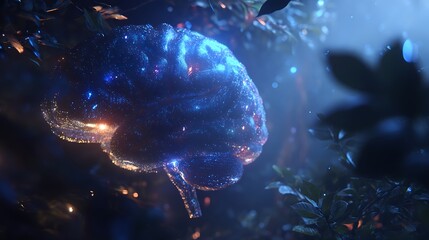 photorealistic 3D render of glowing brain split into galaxy and garden, detailed neural texture, cinematic rim lighting, symbol of mental balance, futuristic wellness theme, 