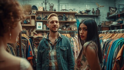 Fototapeta premium Browsing three friends examining vintage garments on wooden racks in boutique, with tribal masks