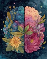 watercolor conceptual painting of divided brain, one side filled with stars and galaxies, another side blooming with flowers and leaves, representing inner peace and balance, 