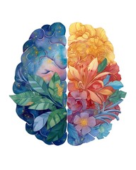 watercolor conceptual painting of divided brain, one side filled with stars and galaxies, another side blooming with flowers and leaves, representing inner peace and balance, 