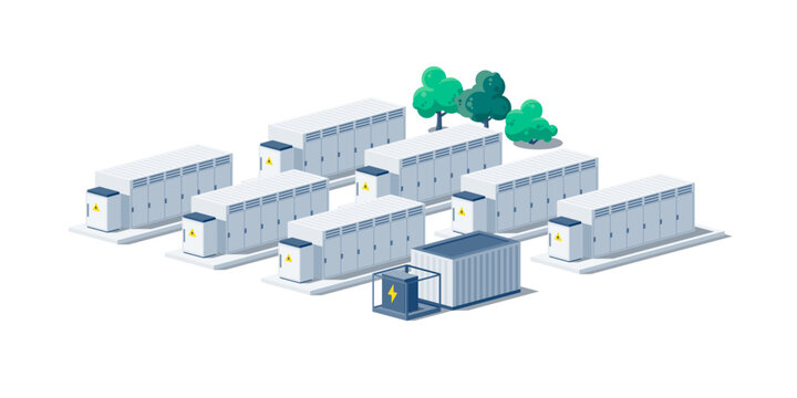 Rechargeable battery energy storage power bank containers for renewable energy. Industry utility scale system for electricity distribution transmission grid. Isolated vector illustration on white. 
