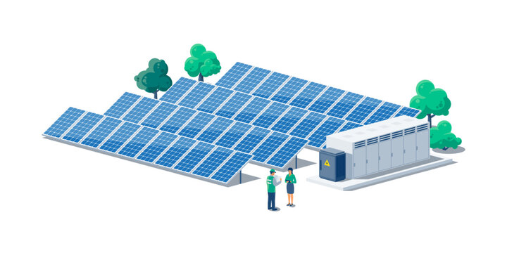 Solar PV panel power plant station with battery energy container storage. Renewable sustainable photovoltaic solar park energy generation. Isolated vector illustration on white background.