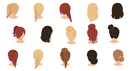 Diverse hairstyles collection: back view of female hair in flat style