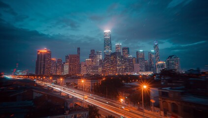 Obraz premium Showcasing illuminated skyscraper cluster towering in city at night, with highway light trails