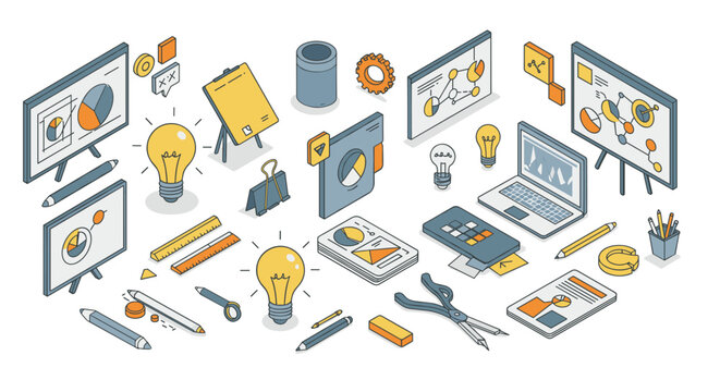 Isometric office workspace with light bulbs and technology elements in modern design