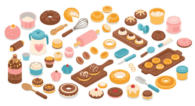 Colorful assortment of isometric baking tools and pastries for culinary enthusiasts