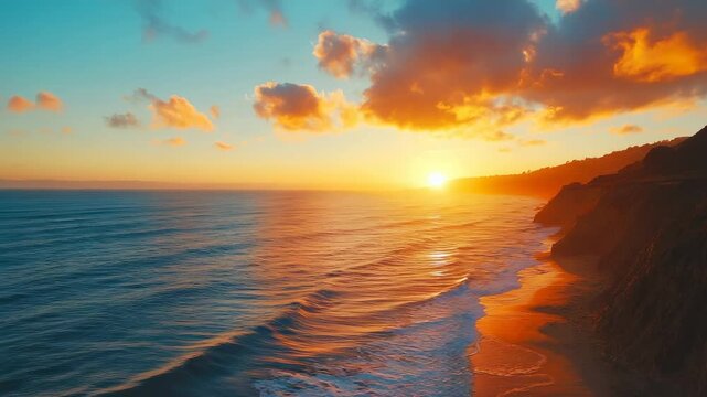 An aerial view of a vibrant coastal sunset reflecting on ocean waves and cliffs