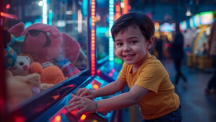 Leaning Hispanic boy pressing claw machine controls at neon-lit arcade, with pink flamingo plush