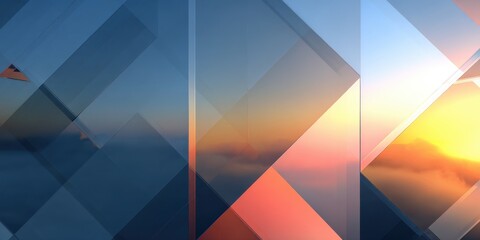 Abstract geometric glass panels reflecting colorful vibrant sunset sky.