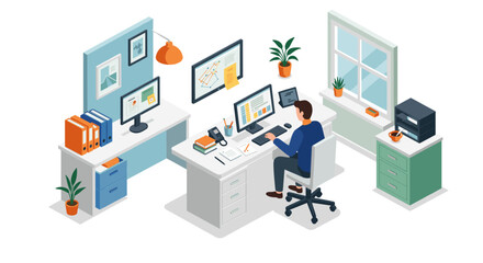 Modern isometric office workspace with man at desk and computers