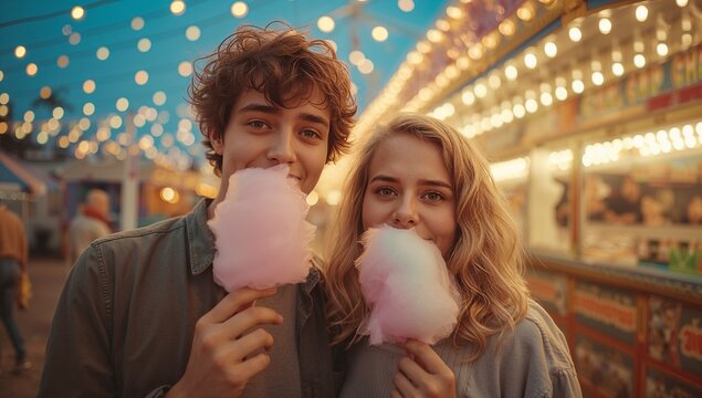 Smiling teenage couple eating pink cotton candy at dusk carnival, with string lights and food stall