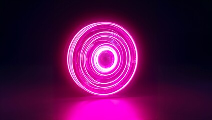 Glowing neon concentric rings casting vibrant pink reflection in dark studio, with reflective floor