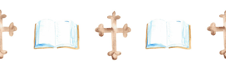Watercolor Christian border.Watercolor hand-drawn border.